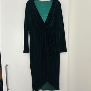 Emerald Green Long Sleeve Wrap Dress with Slit